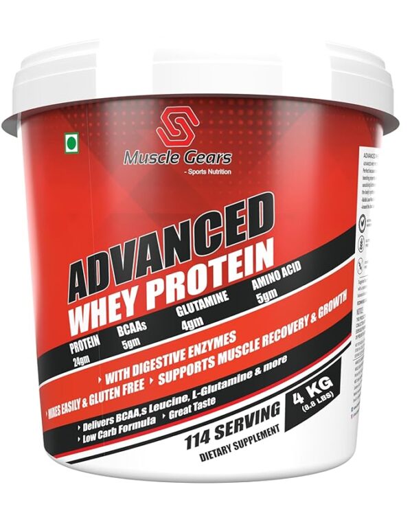 Muscle Gears Advance Whey Protein Powder, Delicious Chocolate Flavor – 4Kg | Help to Increase Energy, Build Muscle, Recovery, Hydration Gluten Free for Men, Women | Pack of 1